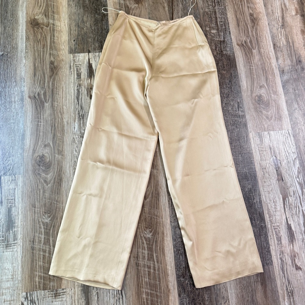 NWT Carmen Marc Valvo Pants 8 Champagne Satin Silk Wide Leg High Waist Vintage